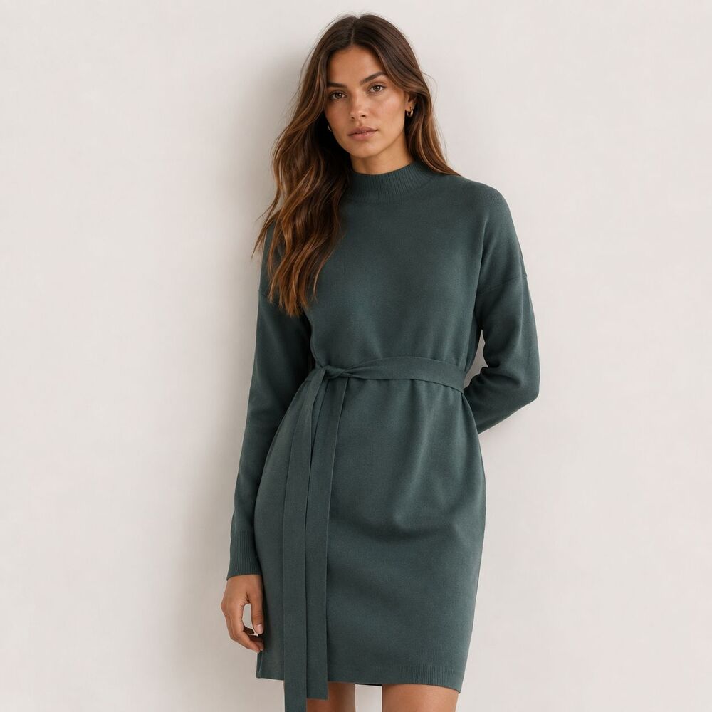 BODEN Women’s Sweater Dress 12R Belted Long Sleeve Green Knit‎ D0354